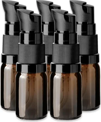 Produktbild von 5x Glasflasche braun 5 ml mit schwarzer Pumpe Glasfläschchen leer Set