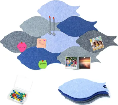 Produktbild von Filzboard 30 x 16 cm - Set von 8 Korkboards in Fischform mit Haken - Korkwand für Notizen und Fotos - Dekoratives Korkboard mit 20 Pinnadeln