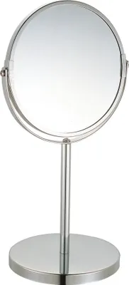 A silver tabletop makeup mirror with a round reflective surface and a sturdy base.