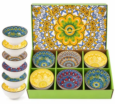 6er Set Keramikschalen, 400 ml, Boho-Stil, stapelbar, spülmaschinengeeignet