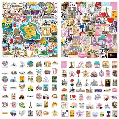 Produktbild von Reiseaufkleber - 100 Stück wasserdichte Vinyl-Sticker mit Frankreich-Motiven - für Scrapbooking Laptop Gepäck und Gitarre