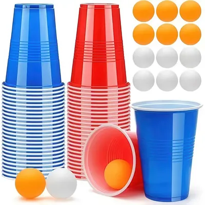 Produktbild von Beer Pong Becher Set, 50 Stück 500ml Bierpong-Becher mit 12 Bällen, wiederverwendbar, Trinkspiel für Party, Geburtstag, Hochzeit, Festival und Camping