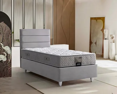 Immagine prodotto di Elegante letto grigio con materasso in tessuto e legno