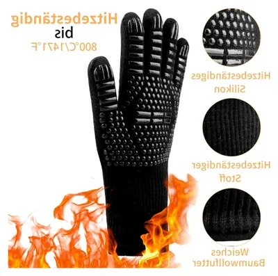 Produktbild von Grillhandschuhe bis 800°C hitzebeständig, feuerfeste Ofenhandschuhe, Topfhandschuhe, BBQ-Handschuhe, Kochhandschuhe, Backhandschuhe (Schwarz, S/M)