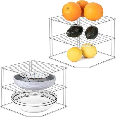 Produktbild von Famanu Eckregal Organizer 2er-Set Metall Draht Küchenregal für Schrank und Arbeitsplatte - Platten Tassen Geschirr Organisation