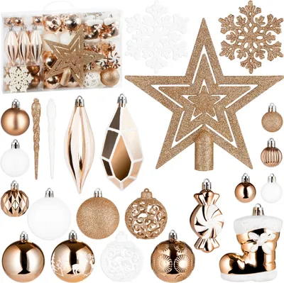 Produktbild von BRUBAKER 128-tlg. Christbaumschmuck - XXL Weihnachtskugel Set - Eiszapfen, Diamant Anhänger, Bonbon, Nikolaus Stiefel, Baumspitze Stern, Champagner