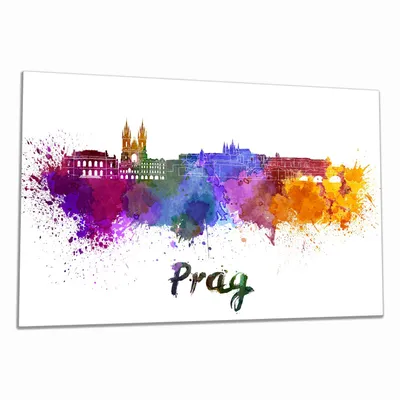 Produktbild von Wallario Herdabdeckplatte aus Glas, Größe 80 x 52 cm 1-teilig, Motiv Städte als Aquarell - Skyline von Prag