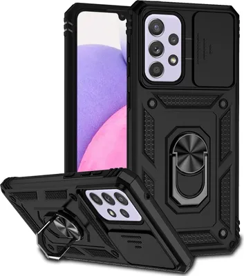 Image de Etui pour Samsung Galaxy A33 5G étui double couche avec couvercle coulissant pour appareil photo et anneau de support noir