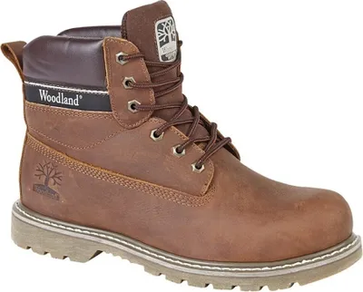 A single brown leather work boot is shown against a white background.