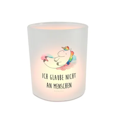 Produktbild von Mr. & Mrs. Panda Glas Teelichthalter Einhorn Wolke 7 - Transparent - Geschenk, Outdoor Windlicht, Kerzenhalter, Lächeln, Menschen, Einhörner, Lustig, aus, Unicorn