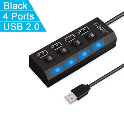 Produktbild von USB 2.0 Hub 4 Port, LED-Schalter, für PC und Laptop – Schwarz