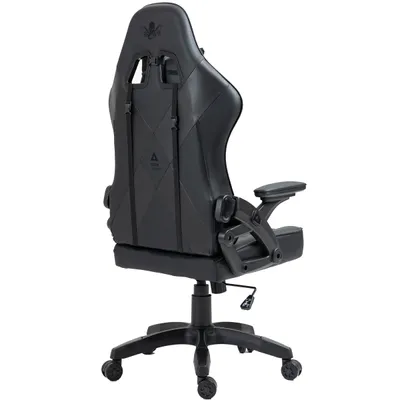 A black gaming chair shown from the back and side.