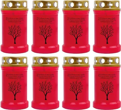 Immagine prodotto di Candela tombale rossa in confezione da 8, durata di combustione: 40 ore (per candela), motivo: albero