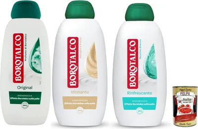 Produktbild von Borotalco Testpaket Duschbad, Duschgel mit Borotalkum-Duft, Formel mit feuchtigkeitsspendenden Mitteln, Borotalkum-Effekt auf der Haut,  getestet, 3x 450 ml + Italian Gourmet polpa 400g