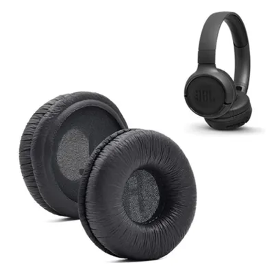 A pair of black ear pads and a black pair of JBL headphones are shown against a white background.