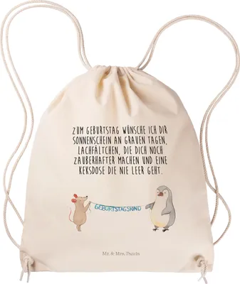 Produktbild von Mr. & Mrs. Panda Stoffbeutel Maus Pinguin Geburtstag - Transparent - Geschenk, Happy Birthday, wander rucksack, Säckchen, Beutel, Gymbag, Geburtstage, Jutebeutel