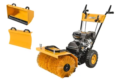 A yellow snow clearing machine with a brush attachment and two other attachments (a bucket and a plow) shown on a white background.