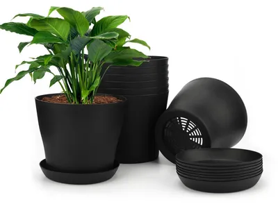 Image de Petits pots de fleurs, lot de 8, 10 cm, en plastique, avec soucoupe, couleur noire