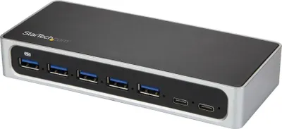 Produktbild von StarTech.com 7 Port USB-C Hub mit Schnellladeanschluss - USB-C auf 5x USB-A 2x USB-C (USB 3.0 SuperSpeed 5Gbps) - USB 3.2 Gen 1 Typ-C Hub mit Eigenstromversorgung und Netzadapter - Desktop/Laptop Hub, USB 3.2 Gen 1 (3.1 Gen 1) Type-B, USB 3.2 Gen 1 (3.1 Gen 1) Type-A, USB 3.2 Gen 1 (3.1 Gen 1) Type-C, 5000 Mbit/s, Schwarz, Silber, Kunststoff, Aktivität