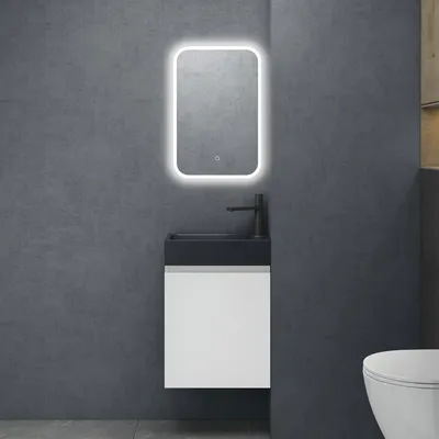 Image de doporro Petit Meuble de Salle de Bain Suspendu 46cm Blanc Mat Ensemble de 3 Pièces Meuble avec Lavabo Solid Surface et LED Miroir Design Pisa02