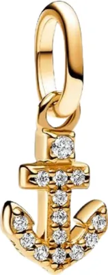 A close-up studio shot of a gold anchor charm with clear stones.