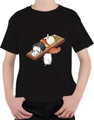 Produktbild von Kawaii Sushi Niedlich Onigiri Nigiri Katze Cartoon Japan Anime Uni Kinder T-Shirt, Schwarz, 140