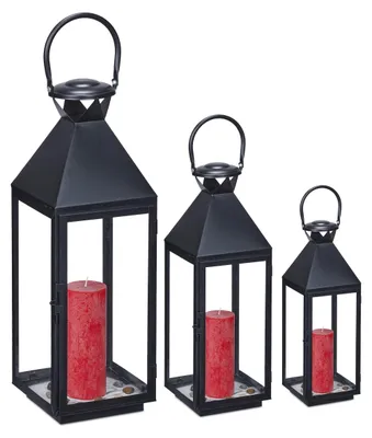Lantaarn-Set 3er, dekorative Kerzenlampen, Glas & Metall, schwarz