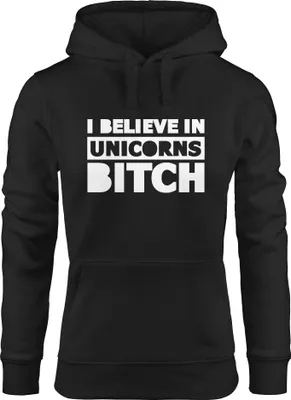 Produktbild von Kapuzen-Pullover Damen mit Spruch i believe in Unicorns bitch Hoodie Moonworks® schwarz XS