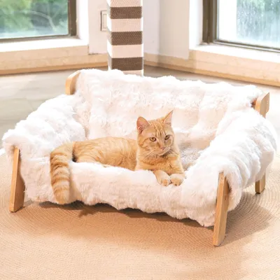 Zdjęcie produktu dla Legowisko dla kota - Lite drewno bukowe - 70 x 47 x 30 cm - Maks. 18 kg - Zdejmowany pokrowiec - Biały