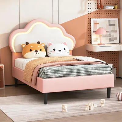 Produktbild von INONEFT Kinderbetten 90x200 mit LED, Polsterbett Jugendbett mit Lattenrost, Einzelbett Holzbett mit Verstellbarem Kopfteil in Wolkenform