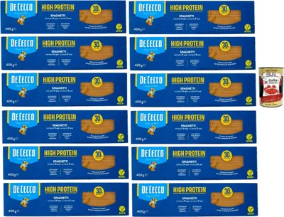 Produktbild von De Cecco Spaghetti Nr. 12, High protein, Italienische Hartweizennudeln, 12 Packungen à 400g, Pasta aus 100% italienischem Hartweizen, + Italian Gourmet polpa 400g