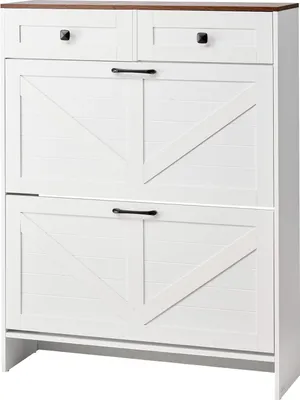 Produktbild von Schuhschrank - Freistehender Schuhkipper mit 2 Klappen - Mit Schubladen - Kippschutz - Platzsparend - Für Flur & Eingang - 80 x 24 x 105 cm - Weiß