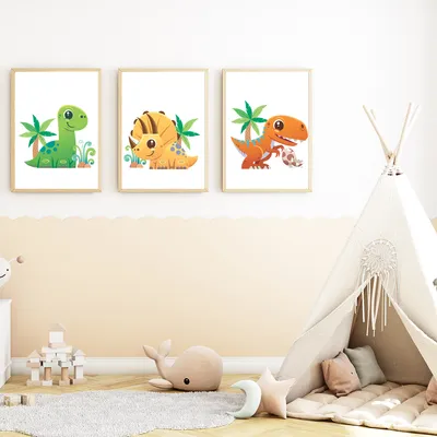 Produktbild von Dinosaurier 3er Set Kinderzimmer Bilder DIN A4 Poster Babyzimmer Wandbilder Dekoration
