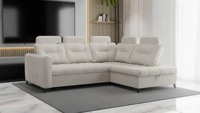 Productafbeelding van Eckbank, slaapbank, bank WENDIE, bekleding: stof, kleur: lichtbeige, met poef, rechts