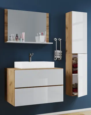 Produktbild von VCM 4-tlg. Waschplatz Waschtisch | Waschbecken Unterschrank Breite 80 cm | Badmöbel Set mit Schubladen Drehtüren Spiegel | Lendas L