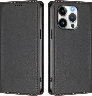 Image de Étui en cuir pour iPhone 14 Pro, étui à rabat magnétique en cuirPolyuréthaneavec support, noir