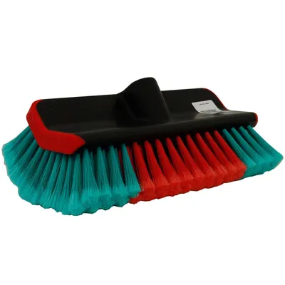 A cleaning brush with a black handle and red and teal bristles, isolated on a white background.