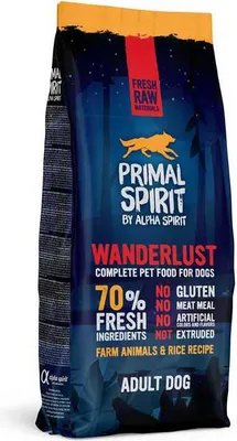 A bag of dog food with a forest-like design and product information.