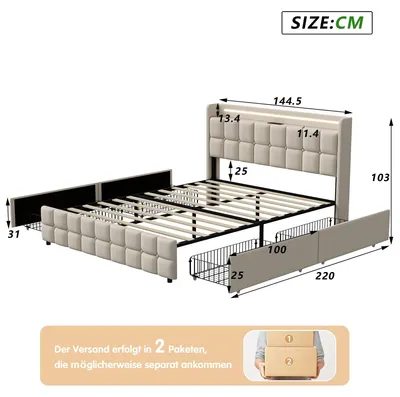 Image de Lit avec rangement - Lit rembourré - Dimensions 140 x 200 cm - Tête de lit à LED - Prises USB - Avec 4 tiroirs - Structure métallique - Beige