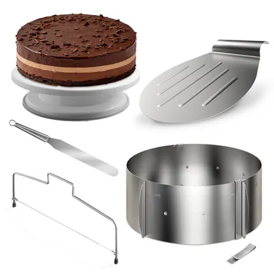 Produktbild von Lindenstein Torten-Zubehör-Set 5 Teile – Backzubehör mit verstellbarem Tortenring 8,5 cm hoch + Tortenschneider + Tortenheber + drehbarer Tortenplatte + Streichpalette, praktisches Backset