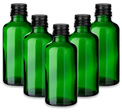 Produktbild von 5x Grüne Glasflasche 50 ml mit schwarzem Aluminiumverschluss Kappe Set