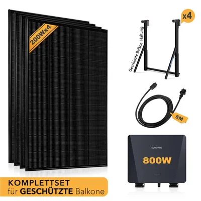 Produktbild von enjoysolar® SunshareRay 800W Balkonkraftwerk Komplettset – Mikrowechselrichter, 4×200W Solarmodule, für Betonbalkon, 5m AC-Netzkabel, 0% MwSt.