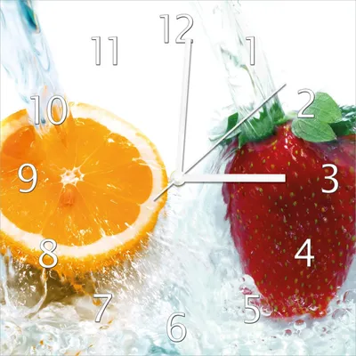 Produktbild von Wallario Design Wanduhr Frische Früchte übergossen mit Wasser I aus Echtglas, Größe 30 x 30 cm