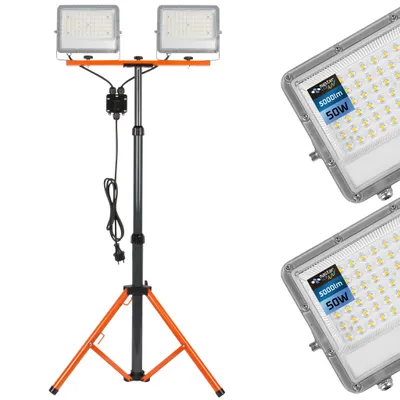 A portable LED work light with a tripod stand and two adjustable light heads, shown against a white background. Two additional light units are shown on the right side of the image.