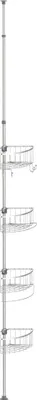 A silver telescopic shower caddy with four shelves, shown against a white background.