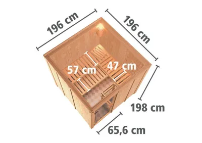 Immagine prodotto di Sauna Karibu Rodin (ingresso frontale), porta in legno con vetro isolante, coibentata, trasparente, senza accessori