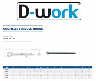 Image de 100 Goupilles Fendues D. 6.3 x 40 mm - DIN 94 - Zingué blanc - D-Work
