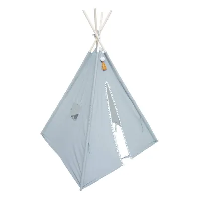 A light blue teepee tent with wooden poles.