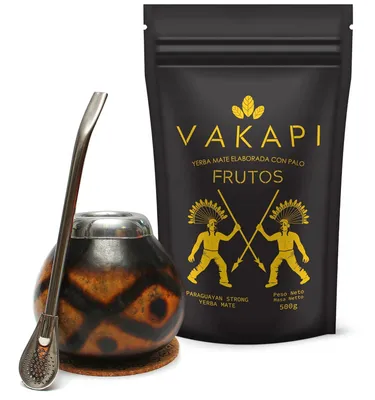 Produktbild von Yerba Mate Set - Vakapi Frutos 500g aus Paraguay, Natürliche Kalebasser Diamante - Edelstahl Bombilla - starke, rauchgetrocknete Yerba Mate