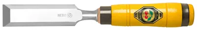 A single chisel with a yellow handle is shown against a white background.